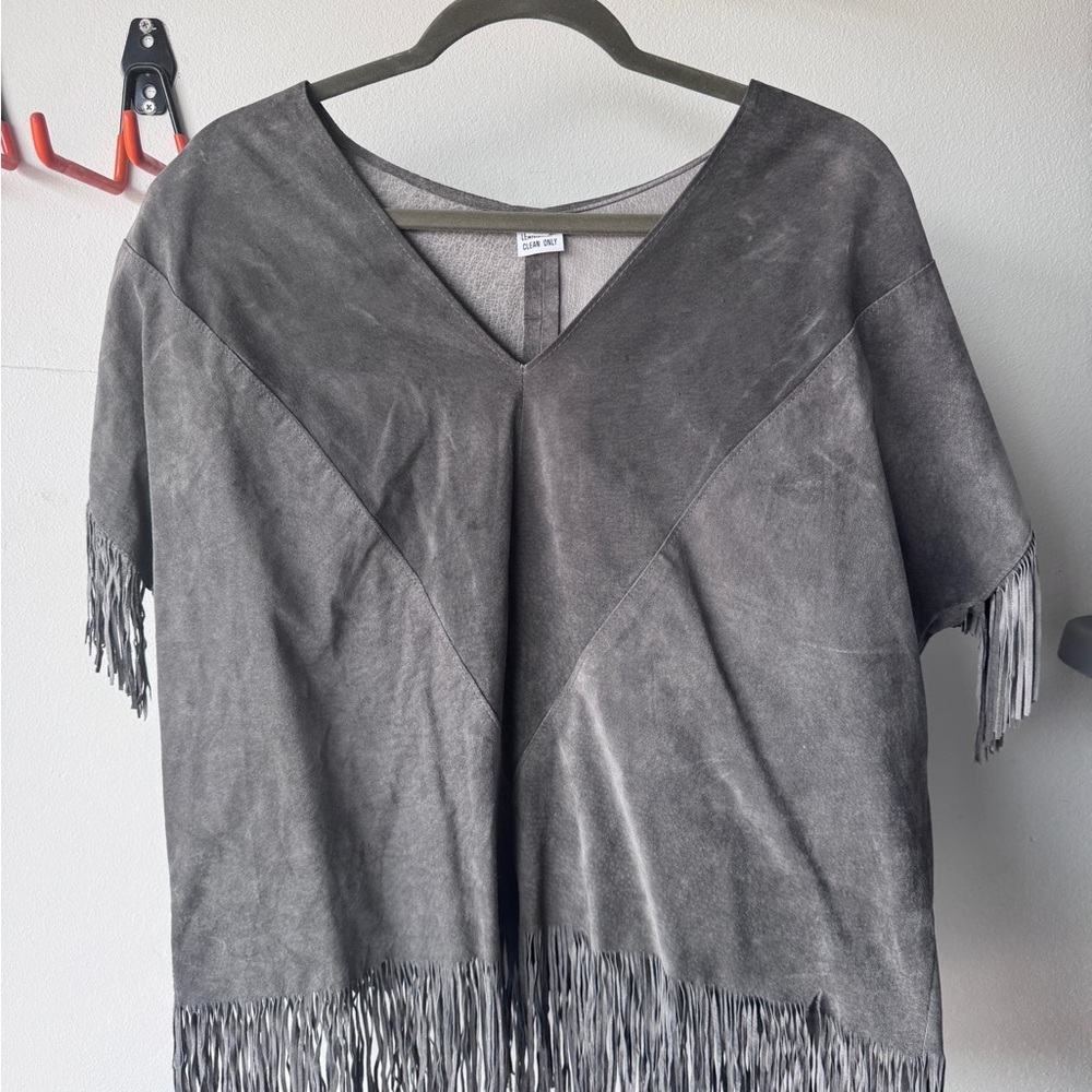 Gray Suede Fringe V-Neck Top